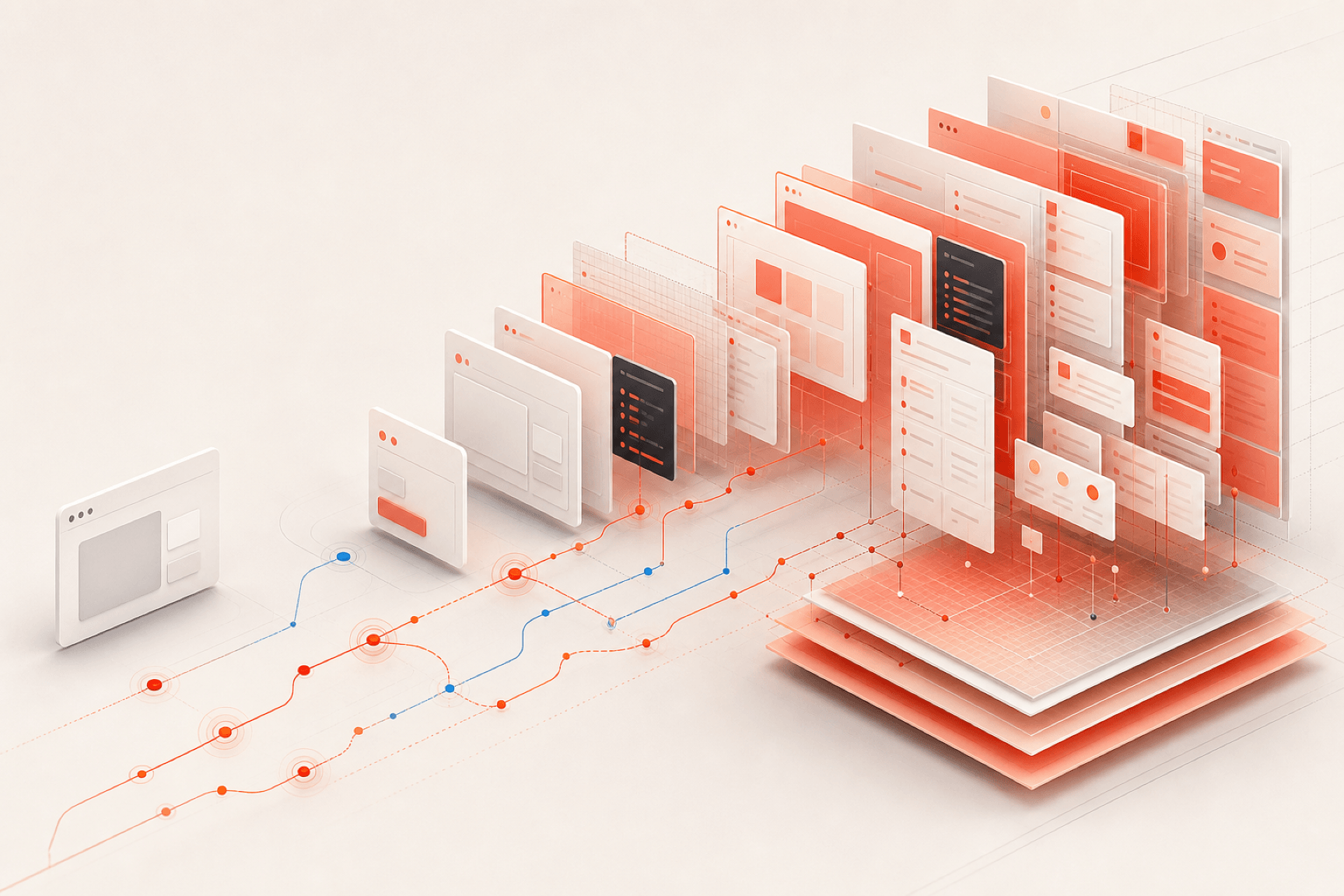 Layered interface sheets and branching commit paths evolving from a simple starter into a structured system