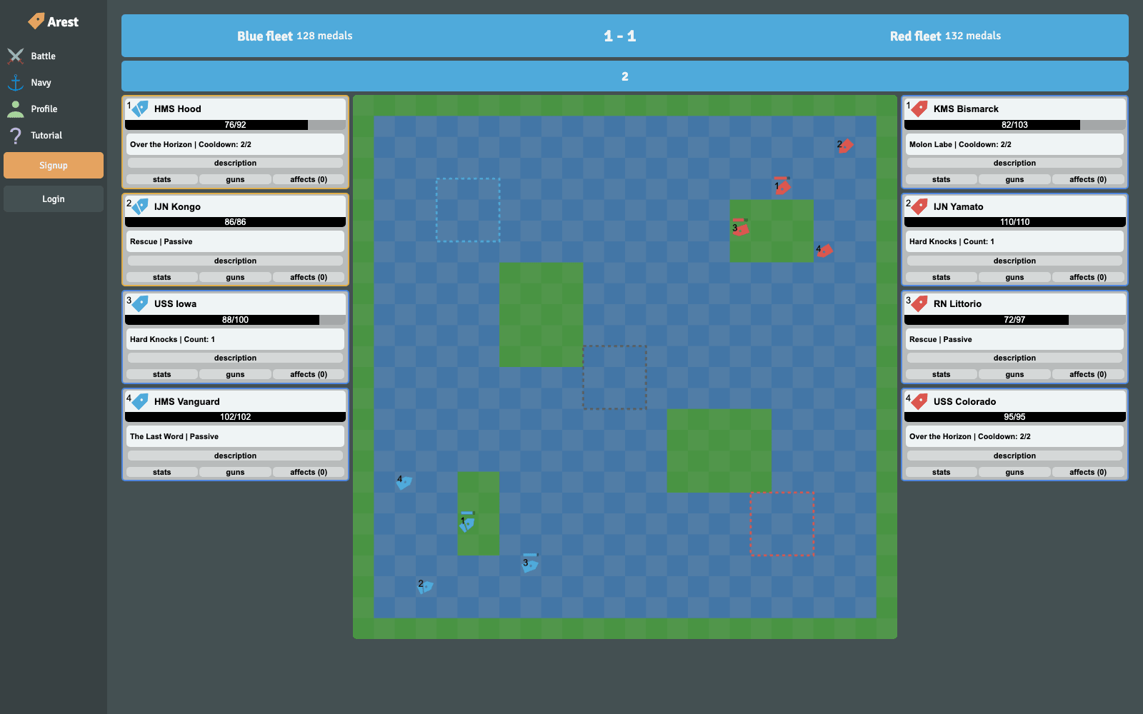 ARESTv battle map with fleets, islands, capture points, and side stat panels