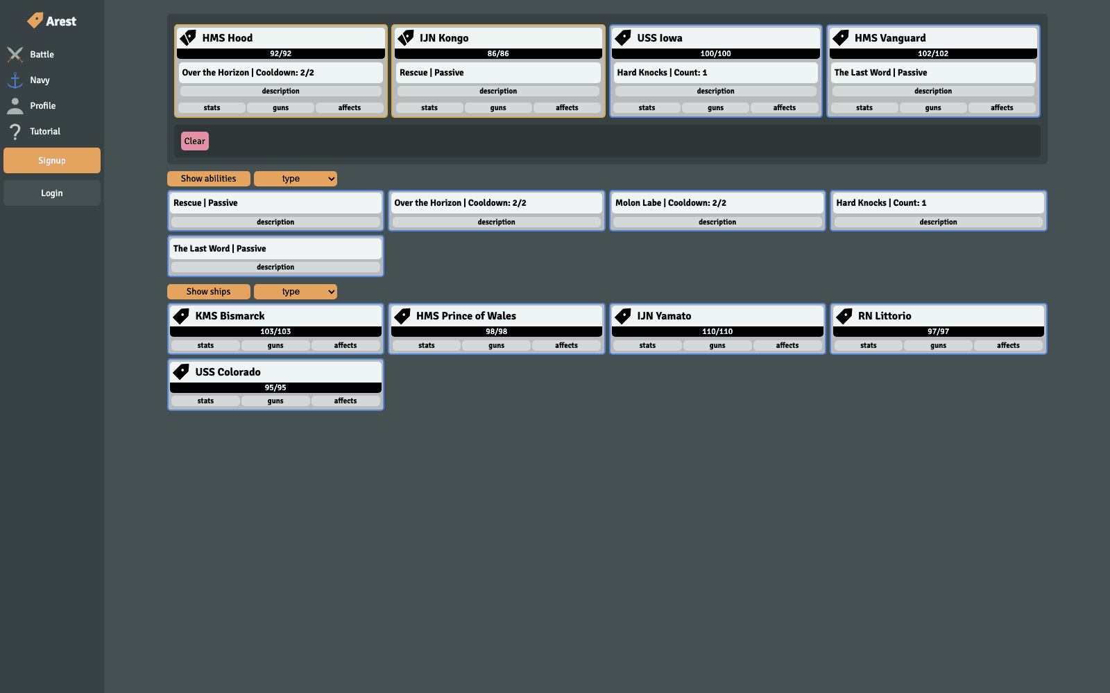 ARESTv navy builder scrolled to ship and ability catalogs