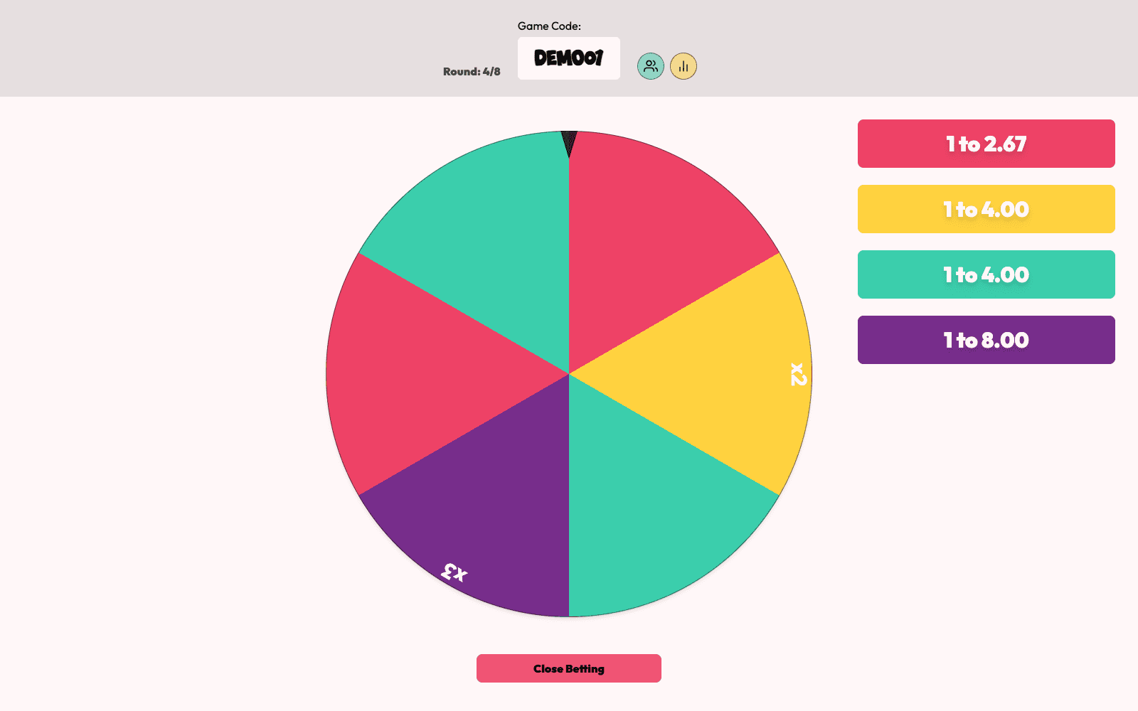 Roulette Game host betting screen with wheel, payout colors, and round controls