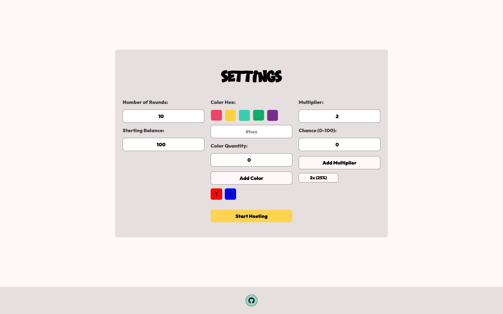 Roulette Game host settings screen with rounds, colors, balance, and multipliers