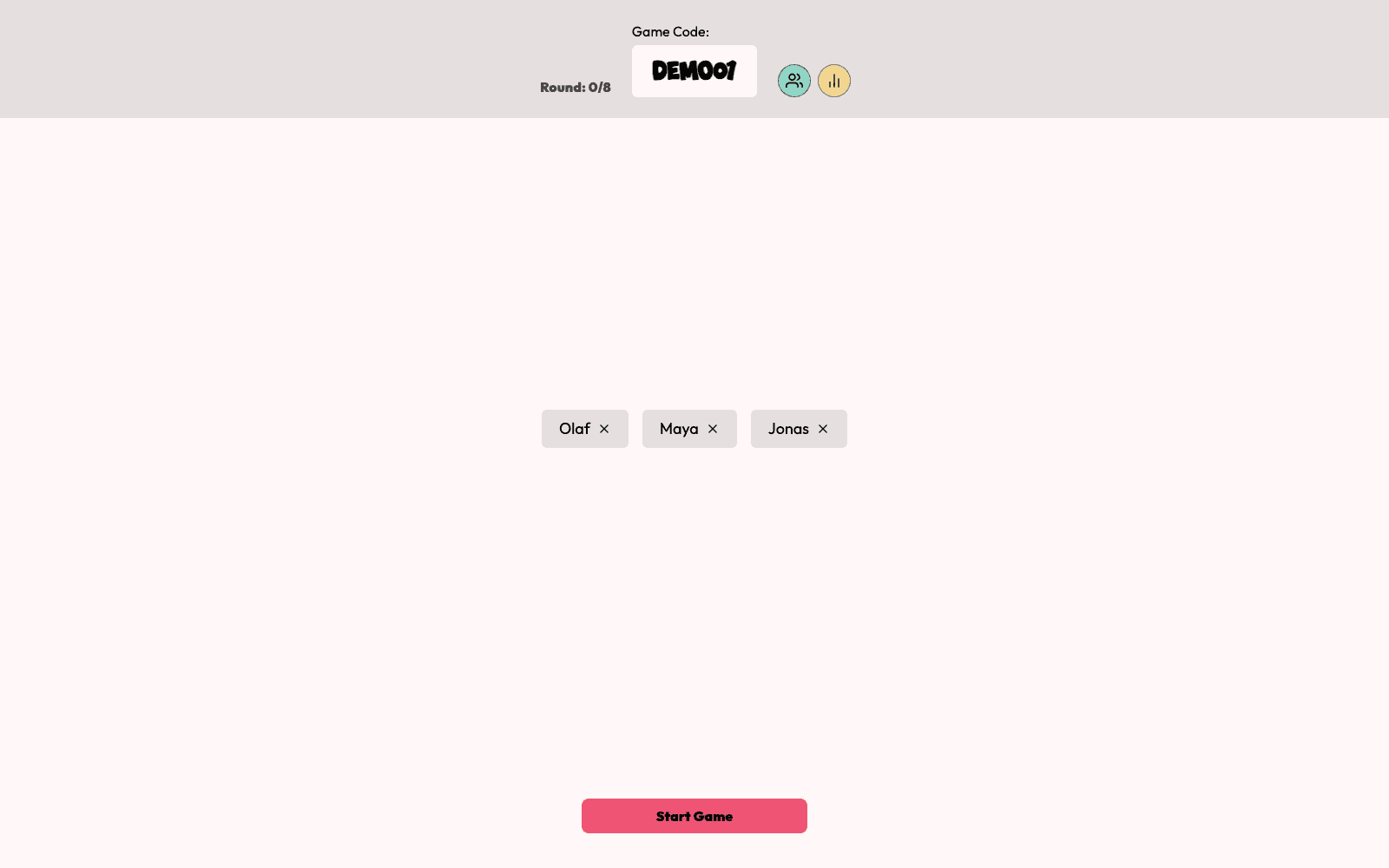 Roulette Game host waiting screen with connected players