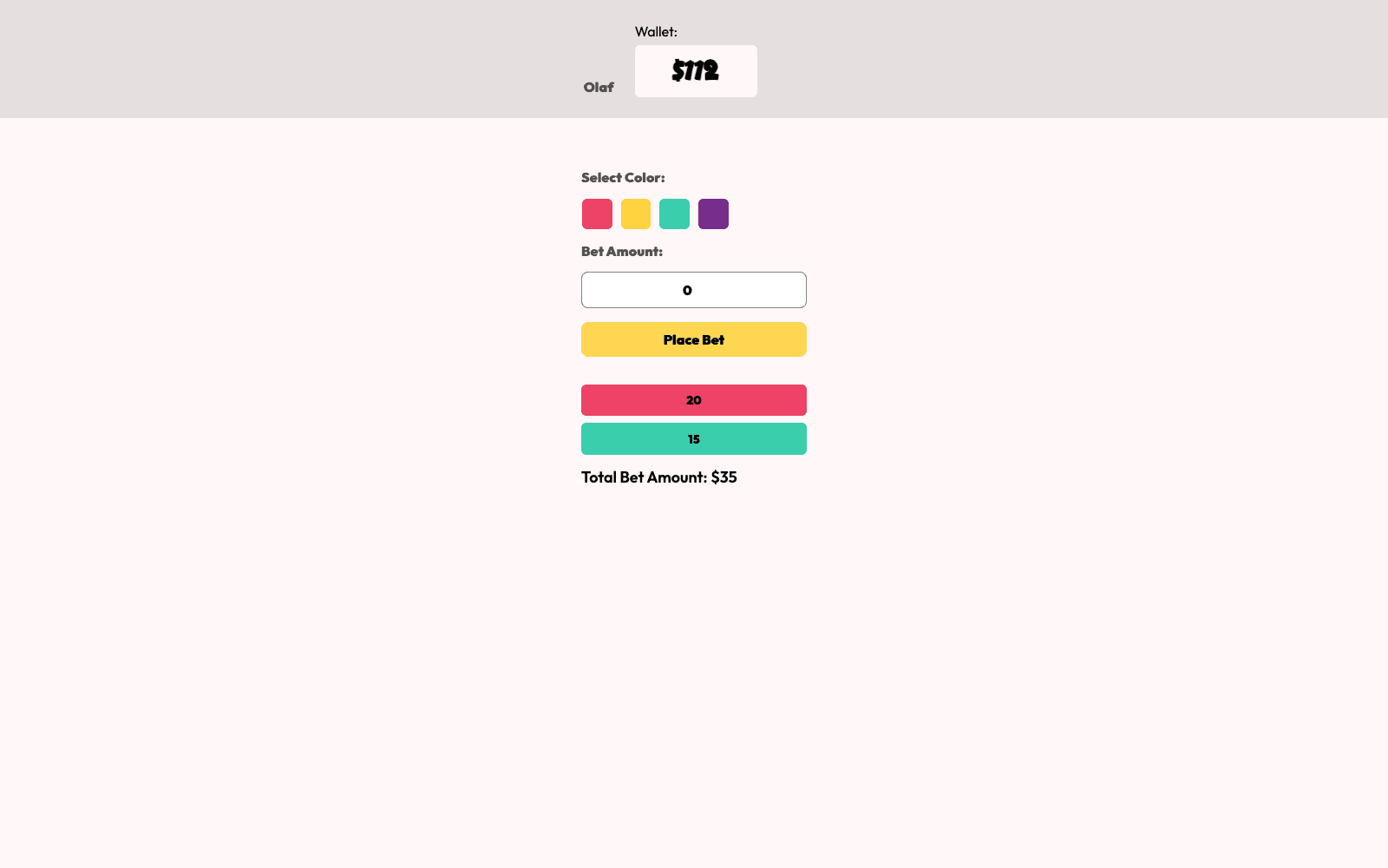 Roulette Game player betting screen with wallet, color choices, and current bets