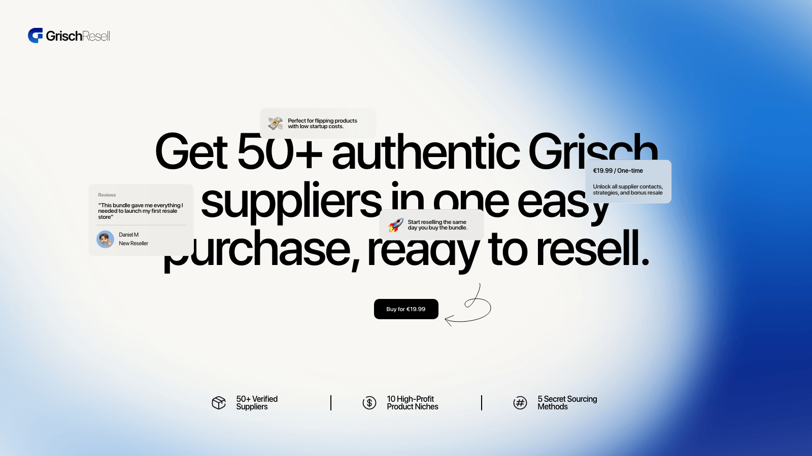 Grisch Resell desktop hero with supplier bundle headline, blue gradient background, and purchase call to action