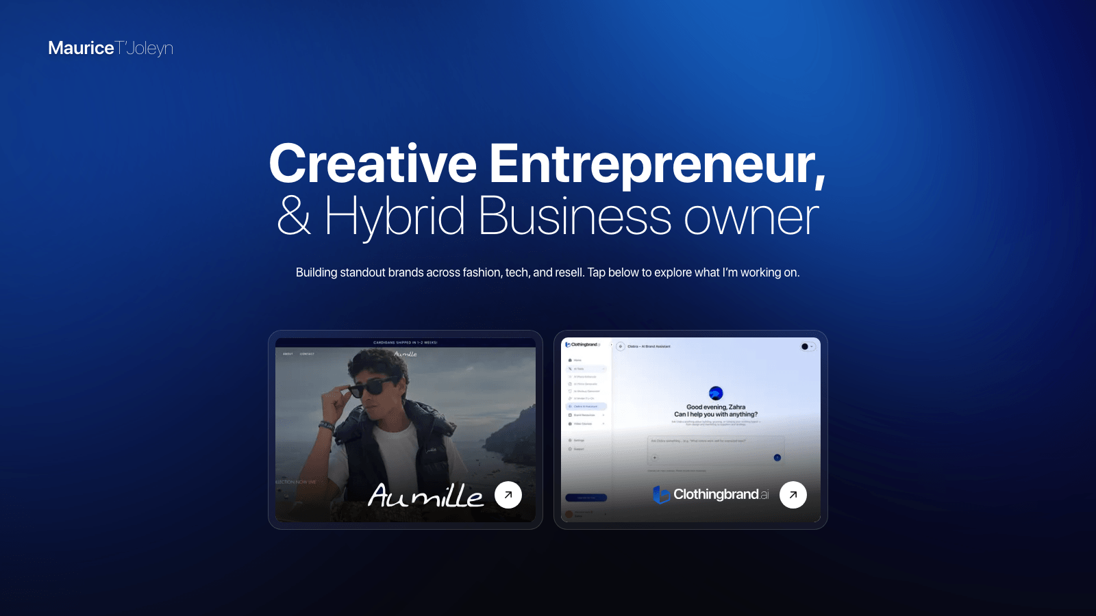 Maurice T'Joleyn desktop hero with blue gradient, creative entrepreneur headline, and project cards