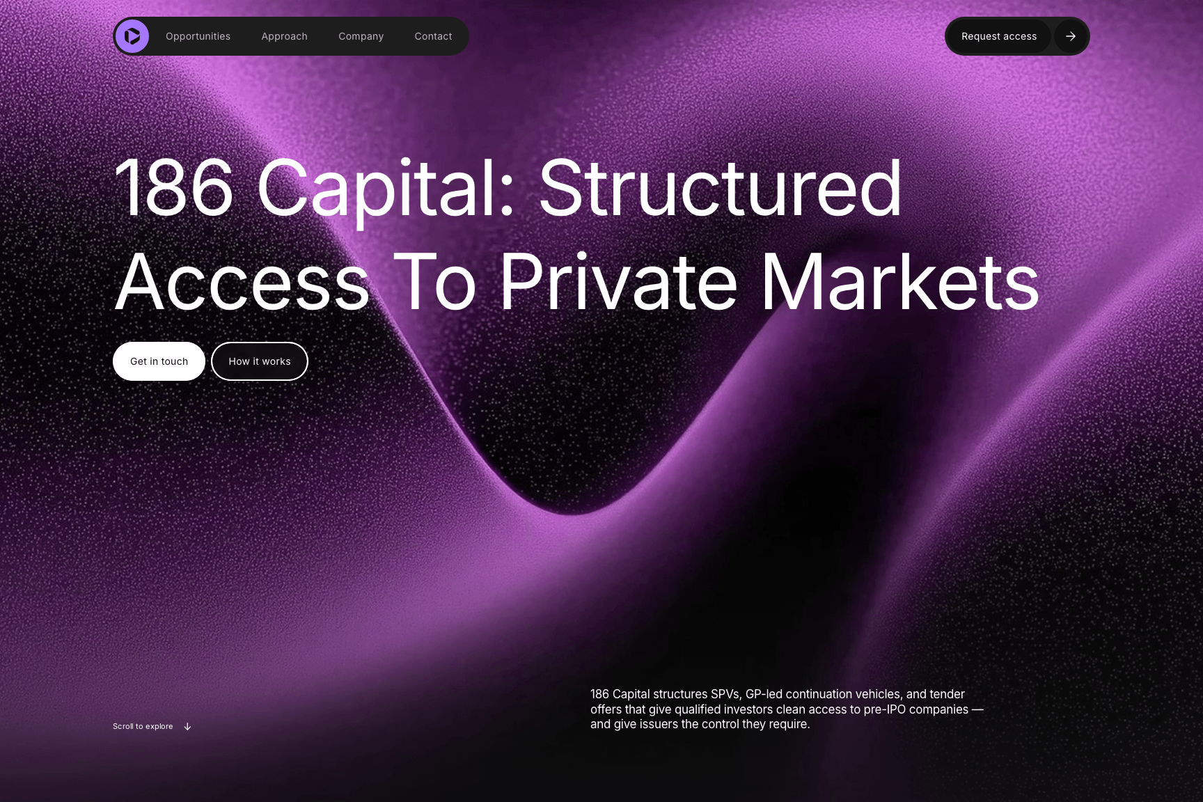 186 Capital website hero with structured-access messaging over a purple abstract market graphic