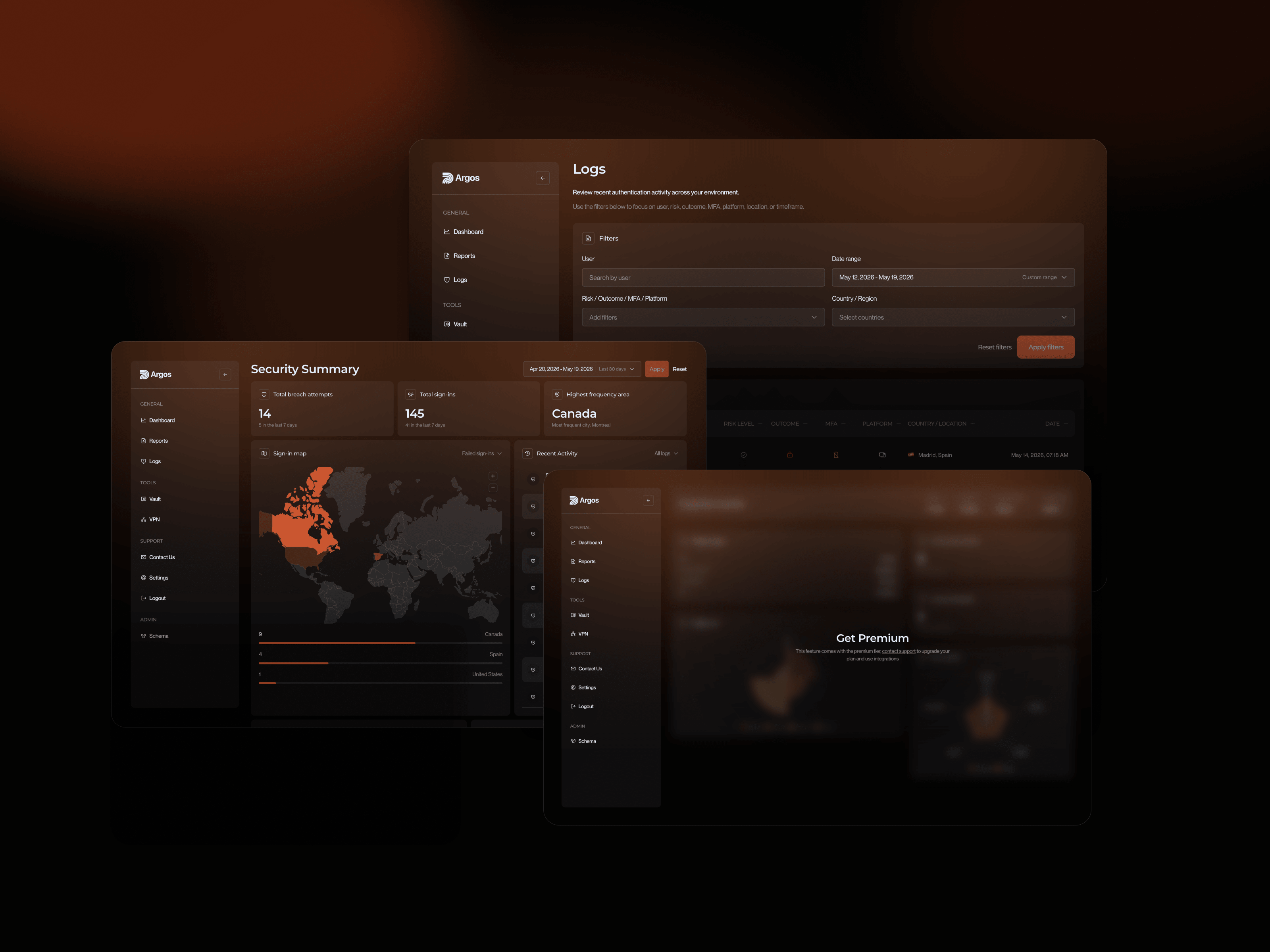 Argosec security dashboard presentation image with dashboard, logs, and supporting product screens