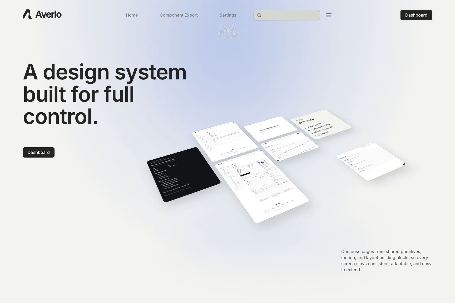 Averlo Next Template title slide with the full-control design system headline and assembled interface surfaces