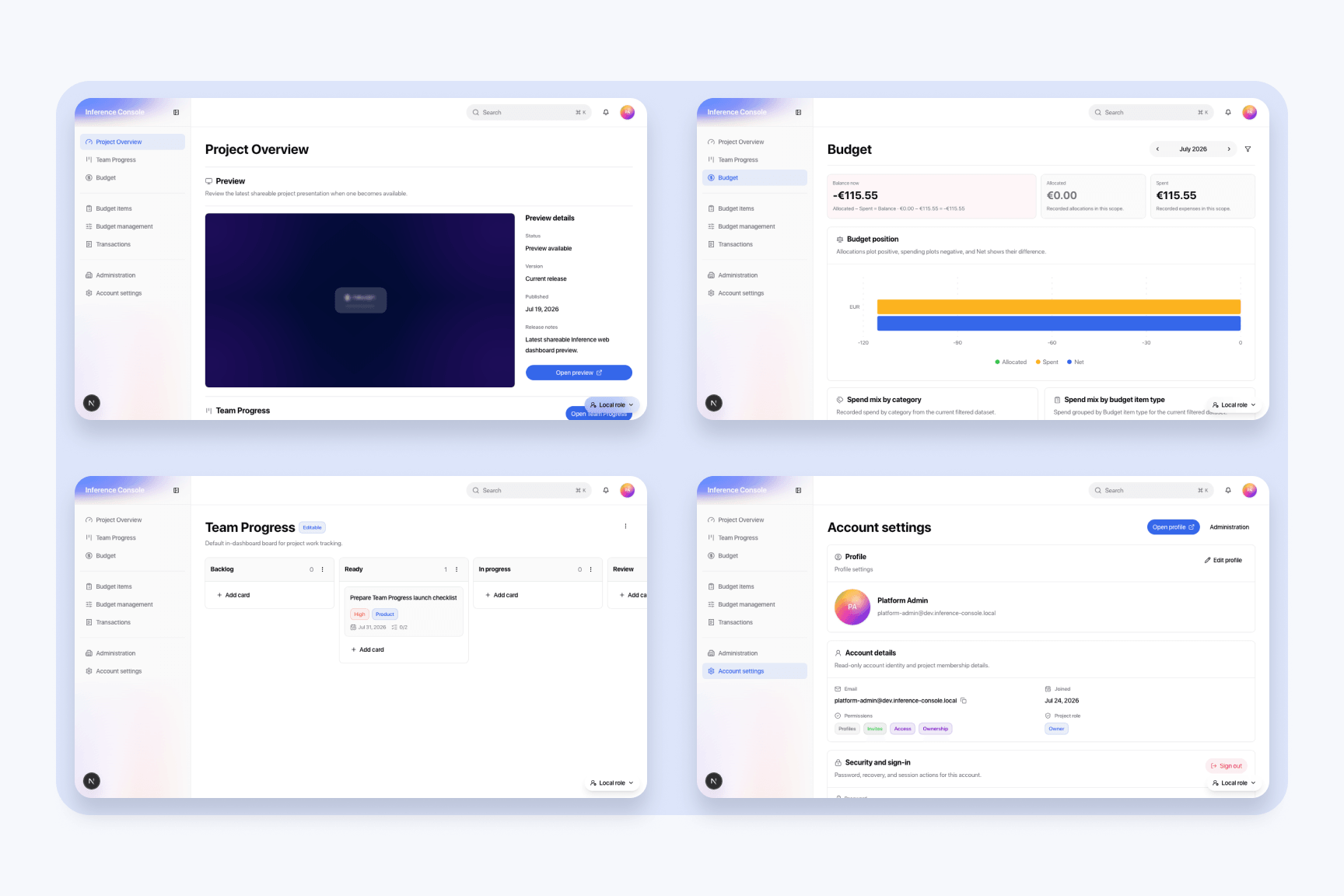 Inference Console Project Overview dashboard with preview, team progress, and budget summary panels