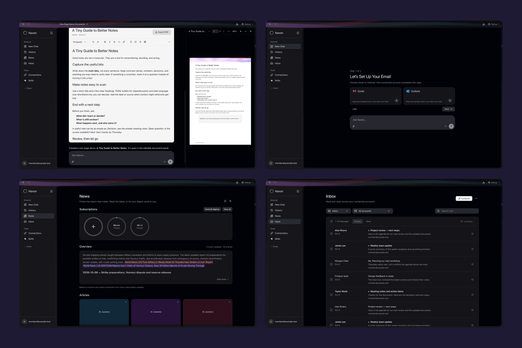 Inference Harness MVP in dark mode with document editing and PDF preview, fresh-chat setup, News, and a unified inbox