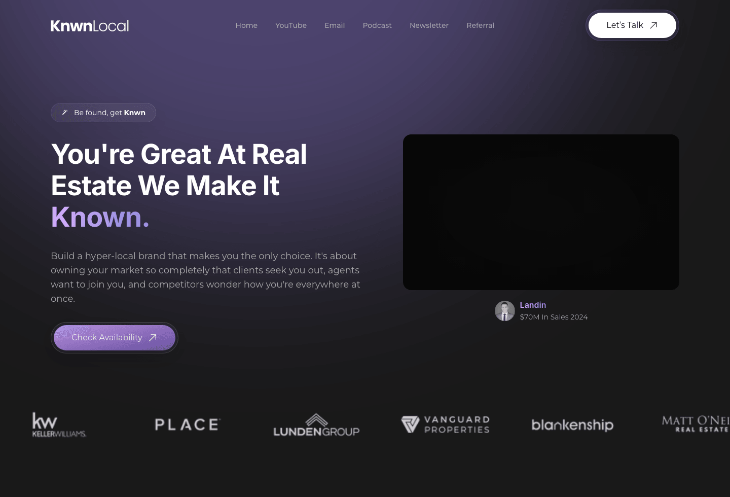 KNWN Local desktop hero with purple real-estate brand positioning and client logos