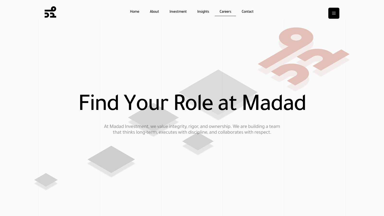 Madad Investment desktop careers hero with geometric background and Find Your Role at Madad headline