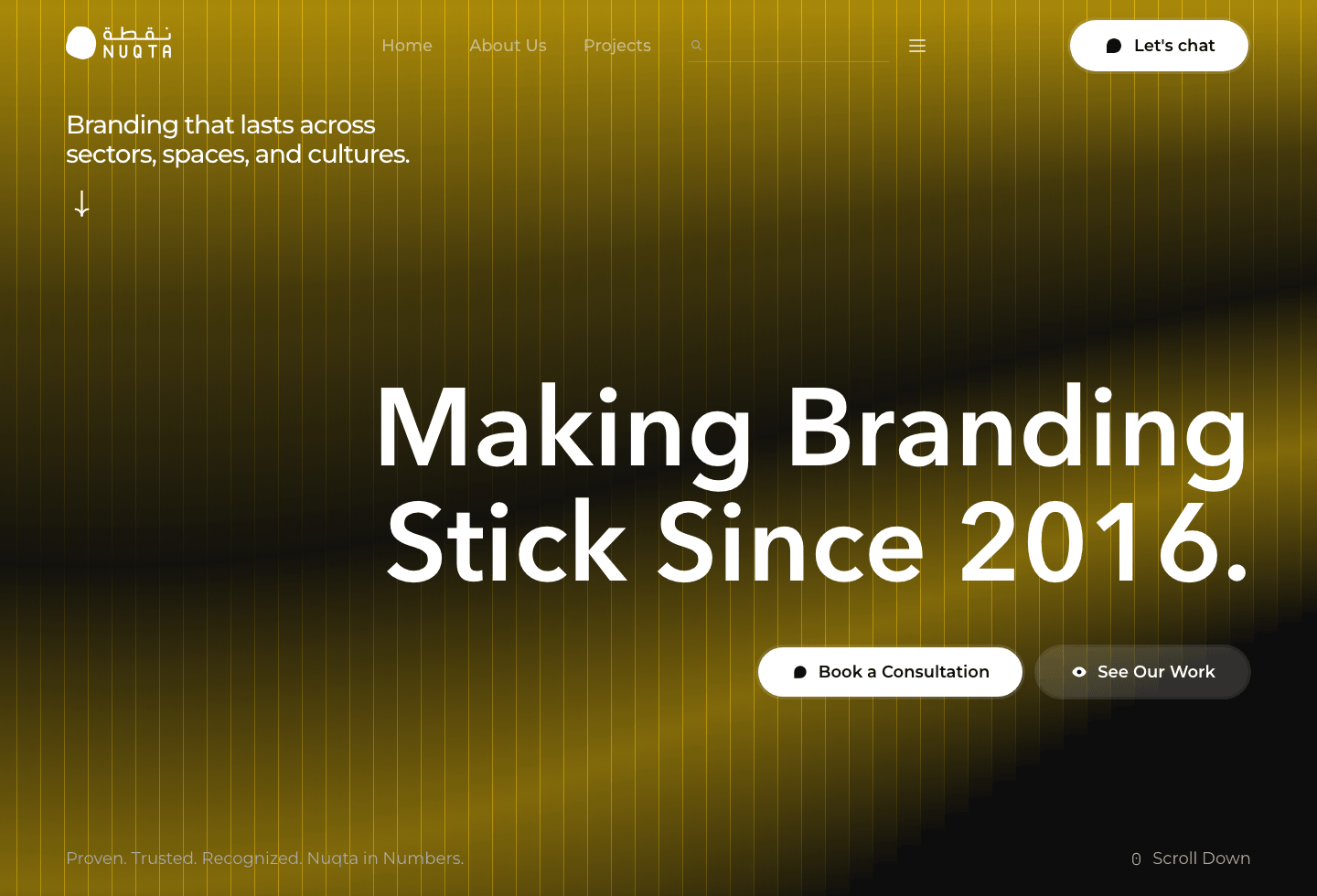Nuqta Creative House desktop hero with black brand stage, white typography, and consultation CTAs