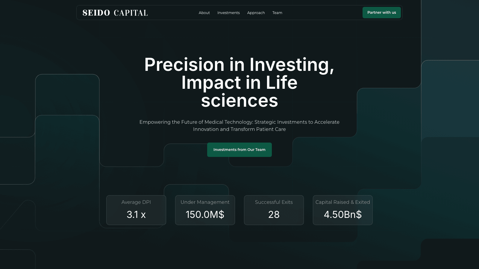 Seido Capital desktop hero with life sciences investing headline, green CTA, and metrics cards