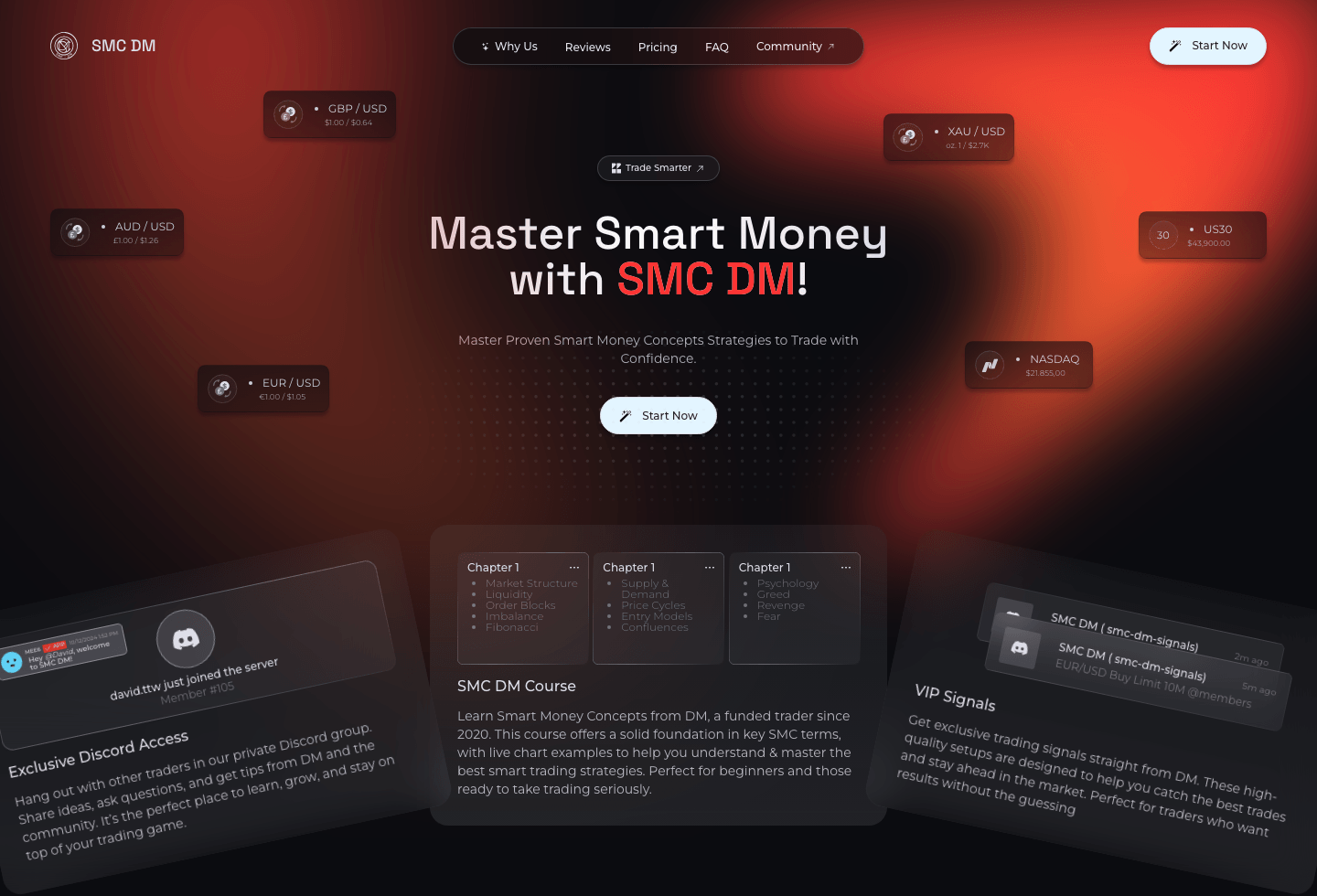 SMC DM desktop hero with red market gradient, trading tickers, and course cards