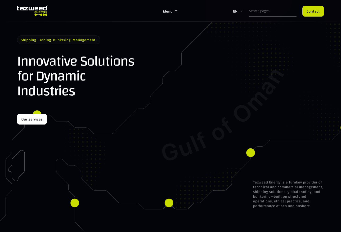 Tazweed Energy desktop hero with Gulf of Oman route map and lime service accents