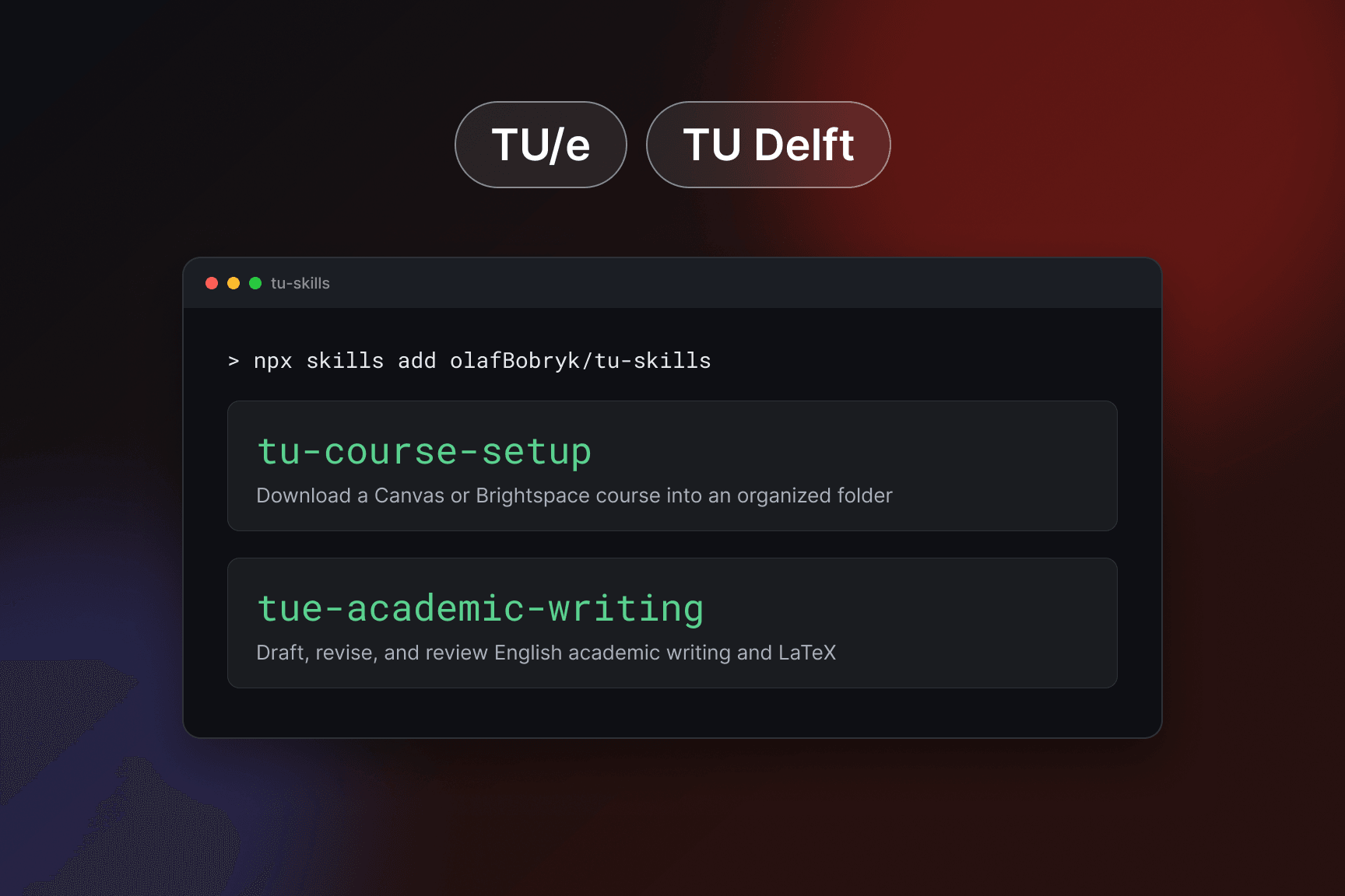 TU/e and TU Delft labels above a terminal panel listing the two skills, tu-course-setup and tue-academic-writing, with the npx install command