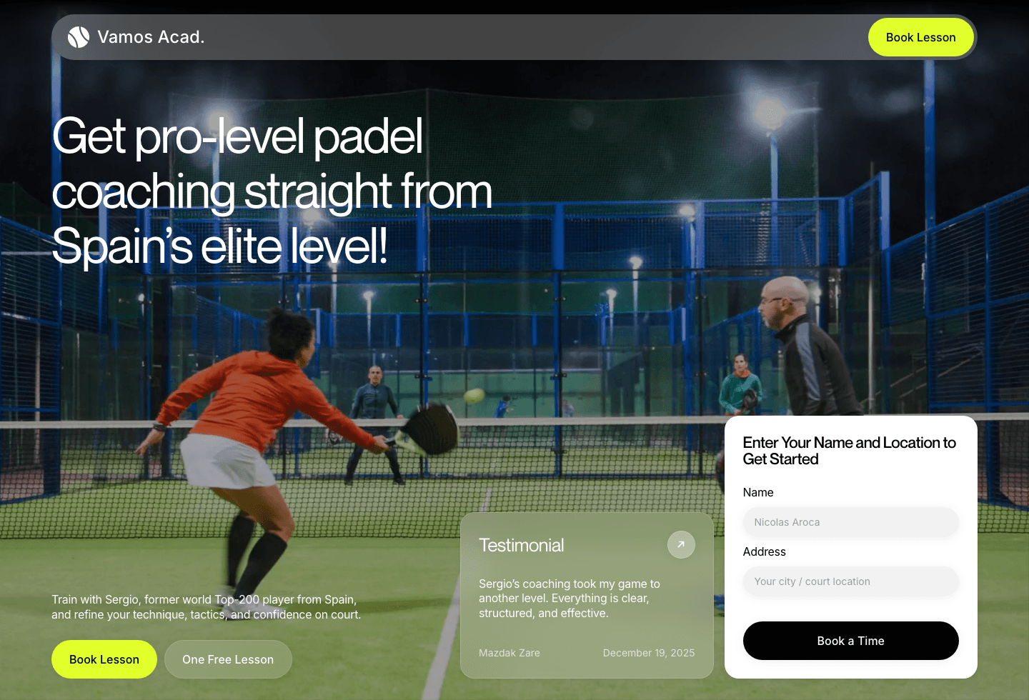 Vamos Academy desktop hero with padel court background and booking form