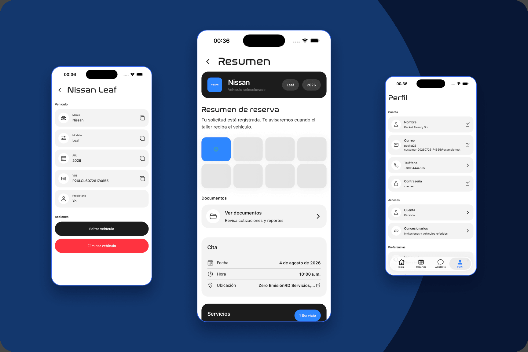 Zero EmisiónRD App iOS presentation with vehicle details, booking progress, and account settings
