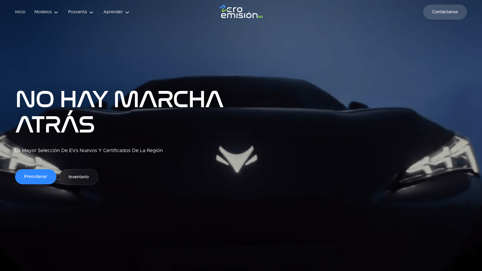 Zero Emision RD desktop website hero with dark electric vehicle background, navigation, and preorder CTA