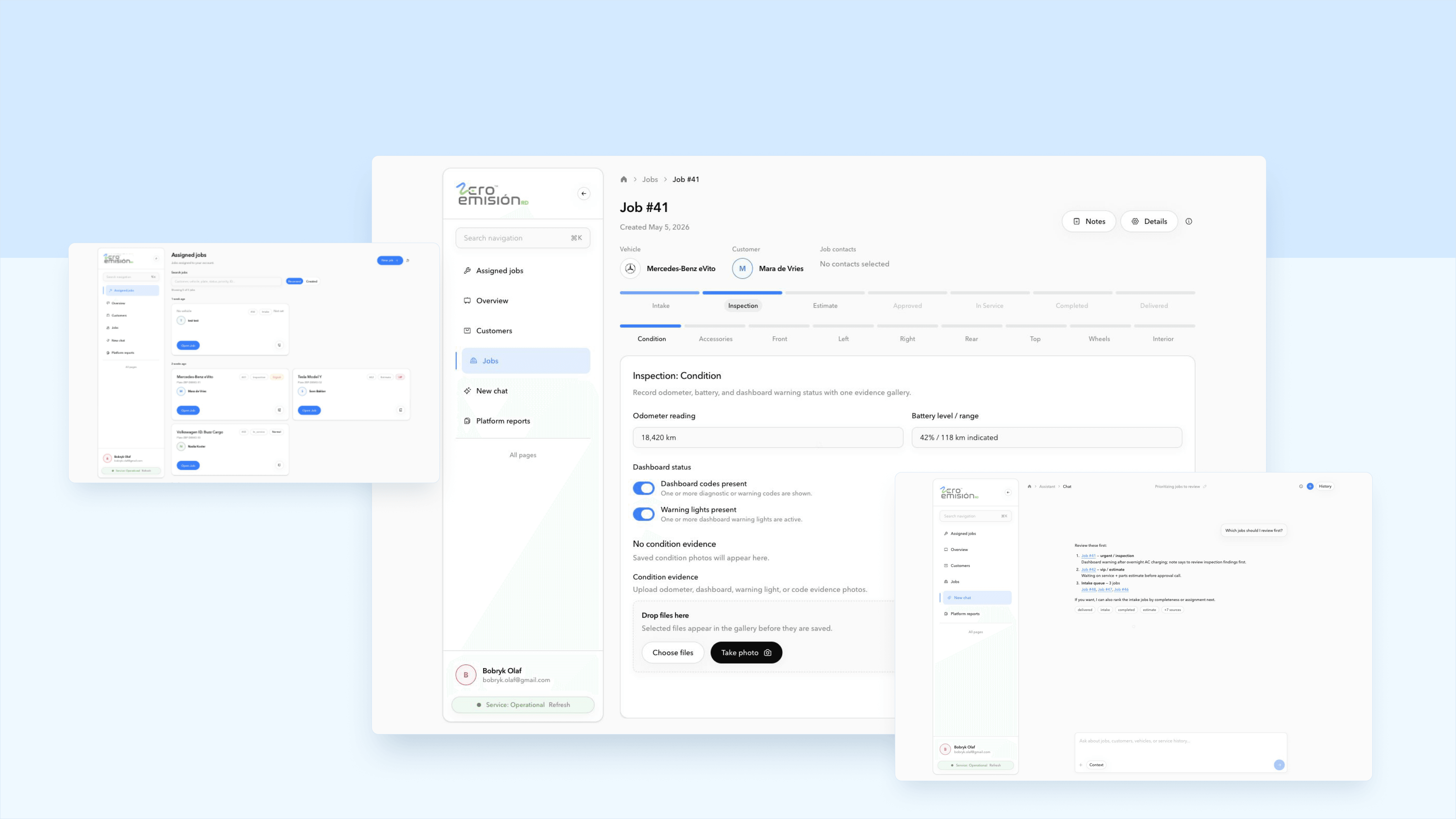 Zero Emissions Platform dashboard collage with service jobs, assignments, and assistant support